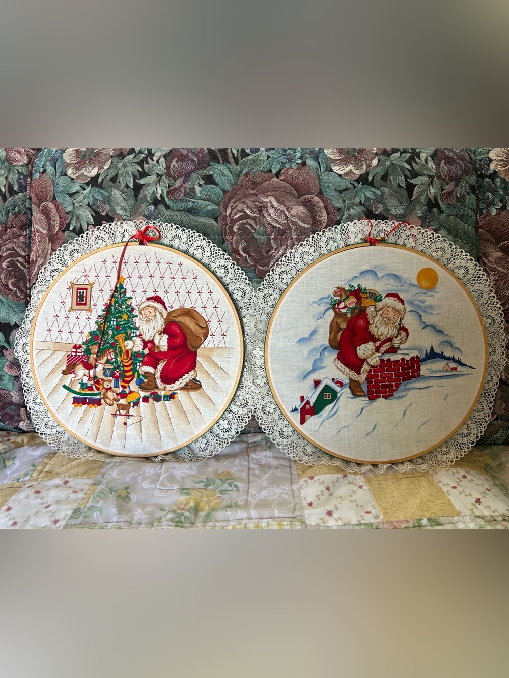 2 Vintage Christmas Wood Hoop Santa Wall Hanging Decor 10”